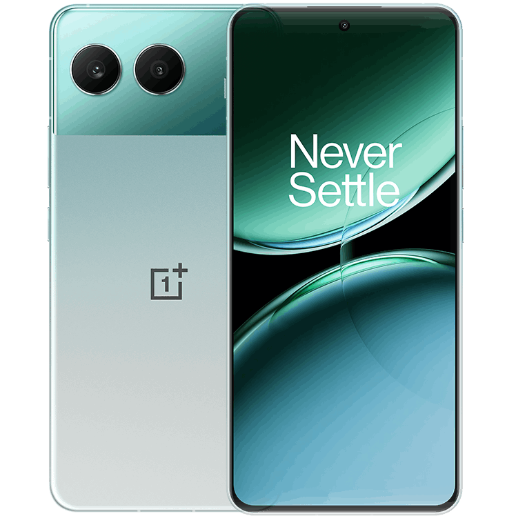 OnePlus Nord 4, svart, framsida med abstrakt skärmbakgrund och texten "Never Settle" på övre del av mobilen
