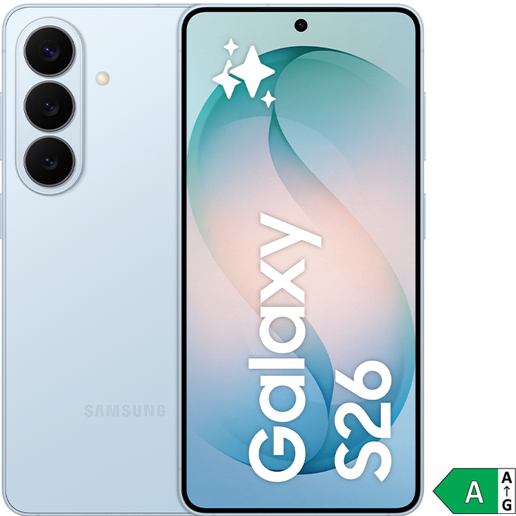 En ljusblå Samsung Galaxy S26 smartphone med trippelkamera, visande en elegant skärm med gradienter och energimärkning A.
