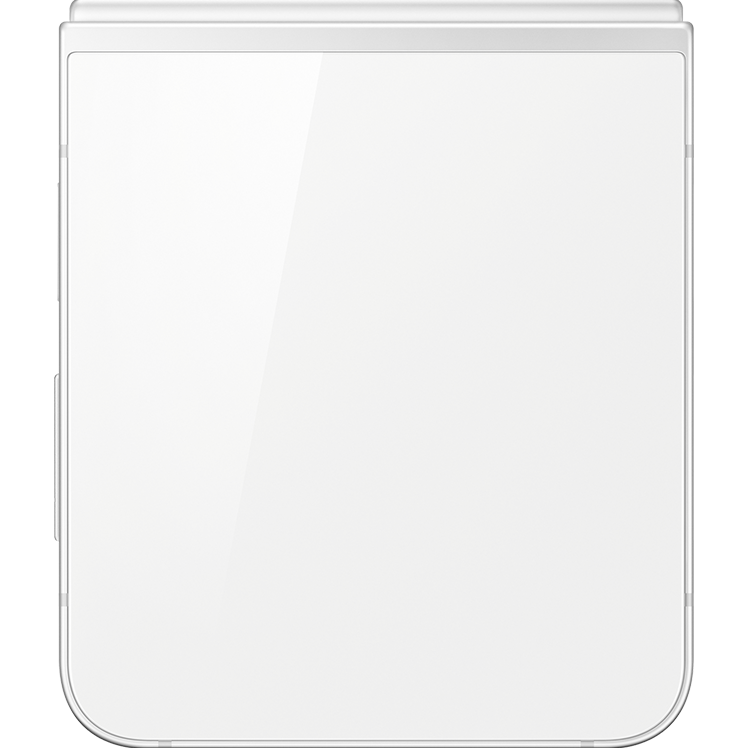 En vit Samsung Galaxy Z Flip7 FE sedd hopvikt bakifrån med en glänsande vit baksida