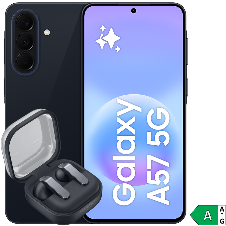 Samsung Galaxy A57 5G i mörkblått visas framifrån och bakifrån, tillsammans med svarta trådlösa hörlurar i sitt fodral.