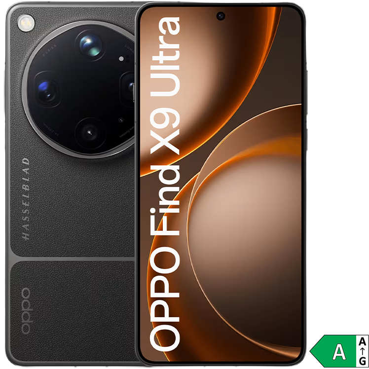 OPPO Find X9 Ultra i svart, framsida med centrerad kamera. EU-energimärkning klass A