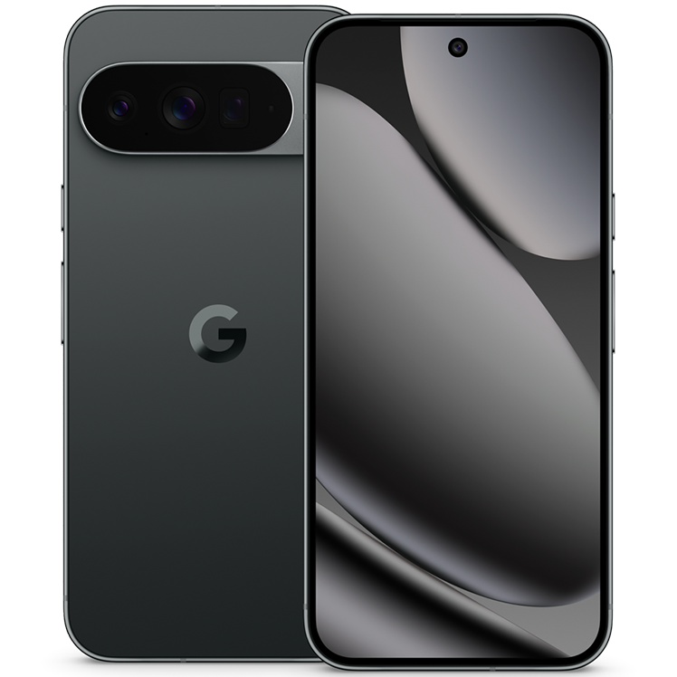 Google Pixel 10 Pro XL i grå färg med trippelkamera på baksidan och Google G-logotypen, visad från fram- och baksidan.