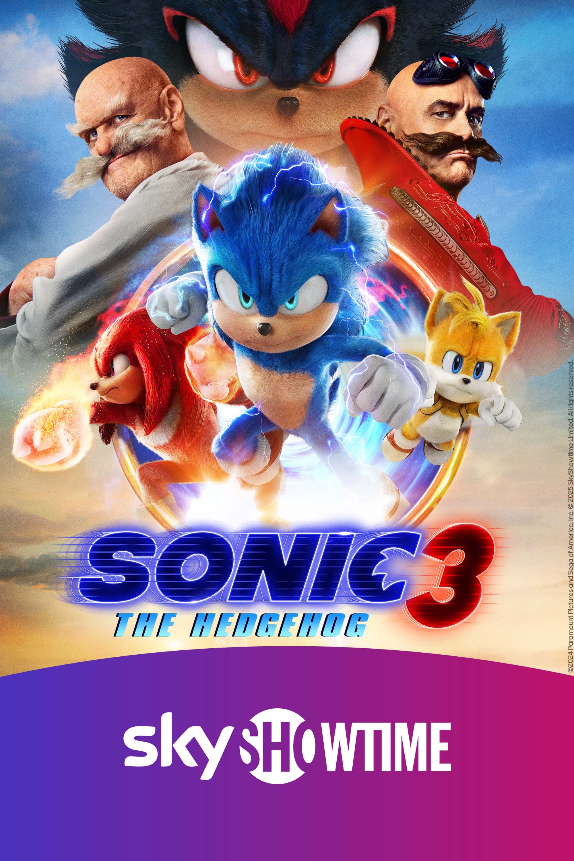 Omslagsbild med den tecknade filmen Sonic the Hedgehog 3. Sonic och hans kompisar och fiender är i mitten och det ser ut som att de springer fort. Texten Sonic the Hedgehog 3 visas under figurerna och logotypen SkyShowtime visas längst ner mot en gradient bakgrund i lila och rosa.