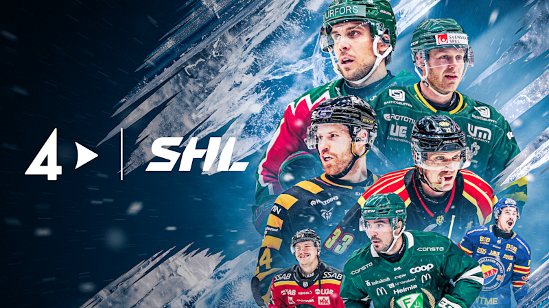 Ishockeyspelare i olika färgglada tröjor med SHL-logotypen, visar spelare från olika lag i den svenska hockeyligan.