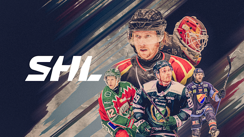Ishockeyspelare i olika färgglada tröjor med SHL-logotypen, visar spelare från olika lag i den svenska hockeyligan.