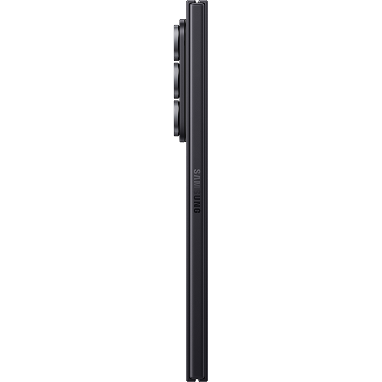 Samsung Galaxy Z Fold7 i svart, visad från sidan i hopfällt läge, med Samsung-logotypen längs kanten.