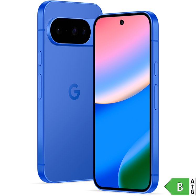 Blå Google Pixel-telefon med färgglad skärm som visar mjuka pastellfärger och en energimärkning B i grönt.