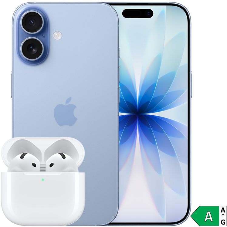 Svart iPhone 17 med fram- och baksida samt AirPods 4 framför. 