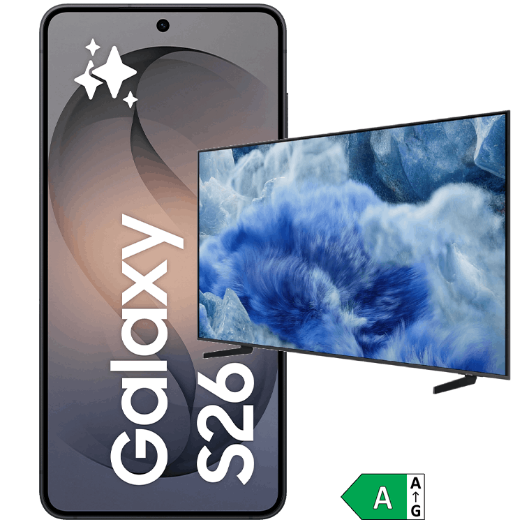 Framsidan av en mobil med text Galaxy S26 på skärmen samt en blåmönstrad tv med stativ.
