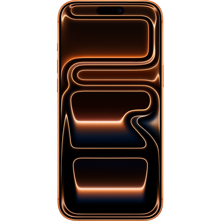 iPhone 17 Pro Max med abstrakt bakgrundsbild av lysande orangea linjer mot svart bakgrund, skapar ett futuristiskt mönster.