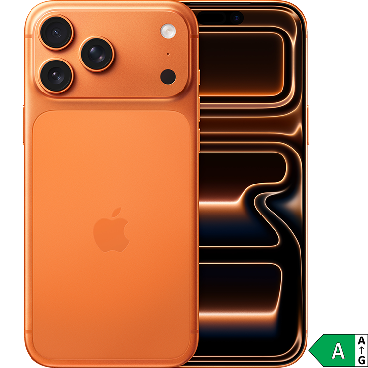Orange iPhone 17 Pro Max med tre kameror bredvid en stiliserad bild av telefonens främre skärm. Energimärkning A visas i hörnet.