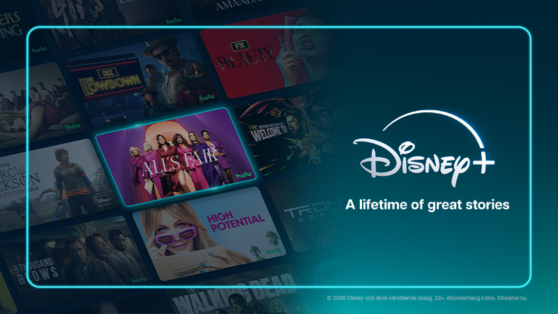 Kollage av Disney+ innehåll med logotyp och text "Streama nu" och "A lifetime of great stories" mot blå bakgrund.