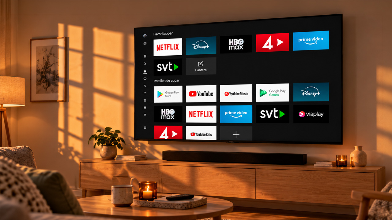 Vardagsrum med en tv på väggen med olika appar i skärmen