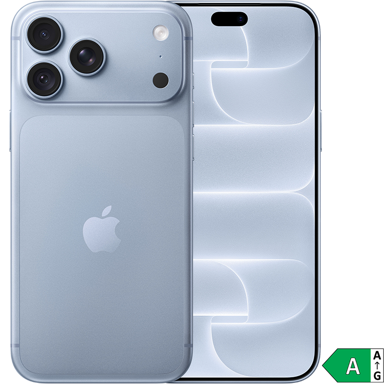 Ljusblå iPhone 18 Pro Max visad från bak- och framsidan med trippelkamera och Dynamic Island, energiklass A-märkning.