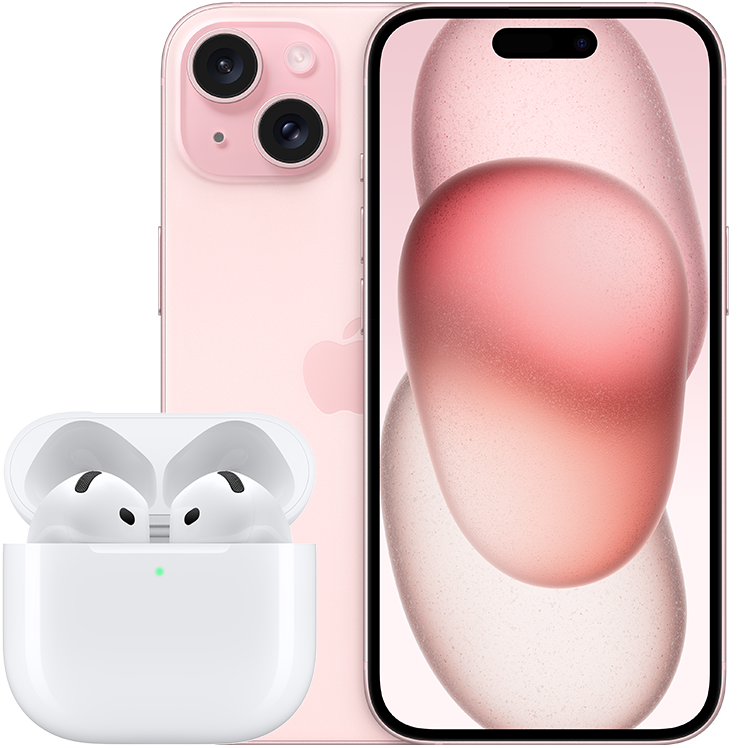 Rosa iPhone 15 med abstrakt rosa design på skärmen, bredvid ett öppet vitt AirPods 4-fodral med hörlurar i.