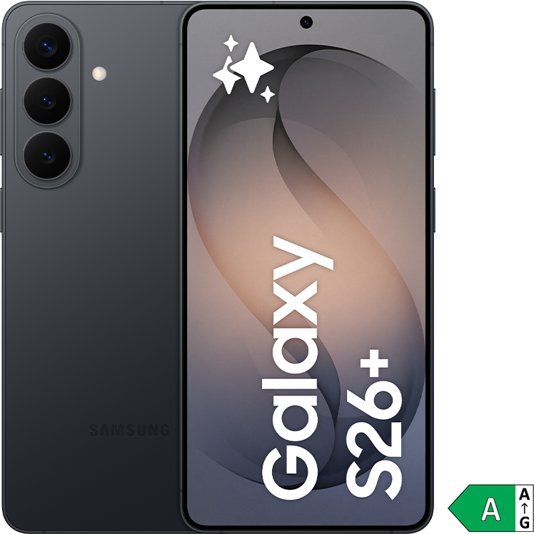 En svart Samsung Galaxy S26+ smartphone med trippelkamera, visande en elegant skärm med gradienter och energimärkning A.