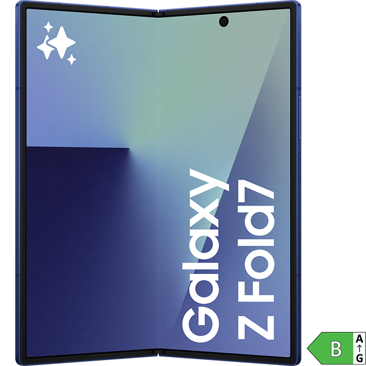 En Samsung Galaxy Z Fold7 med blå-grön gradient skärm och vit text, visad i utfällt läge med blå ram. Energiklasssymbol B i hörnet. 