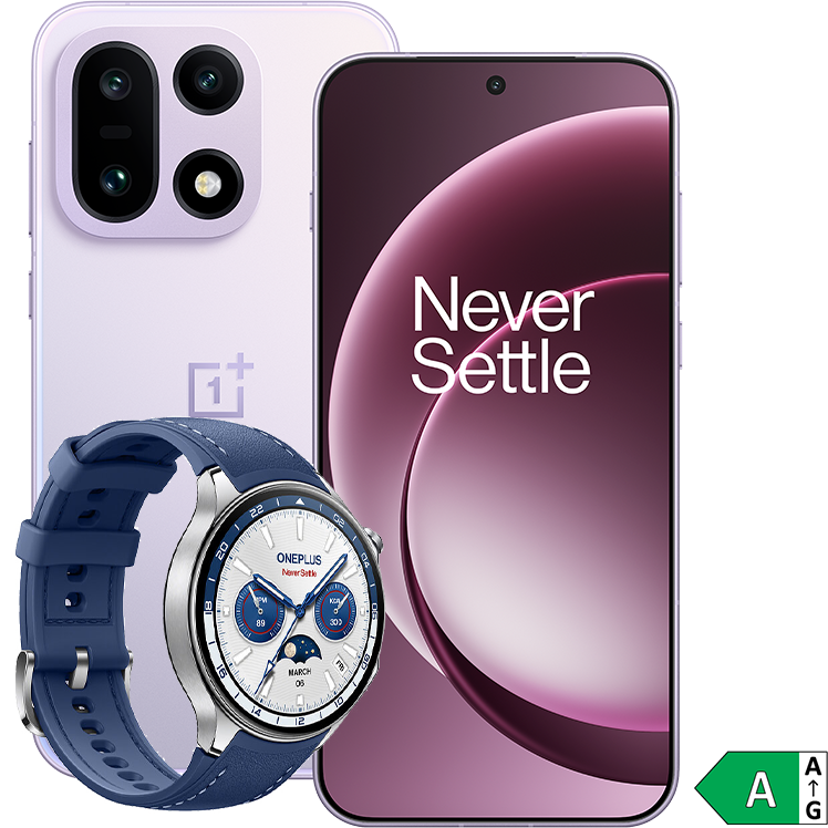 Lila OnePlus-smartphone med texten "Never Settle" på skärmen, bredvid en blå OnePlus-smartklocka med vit urtavla.