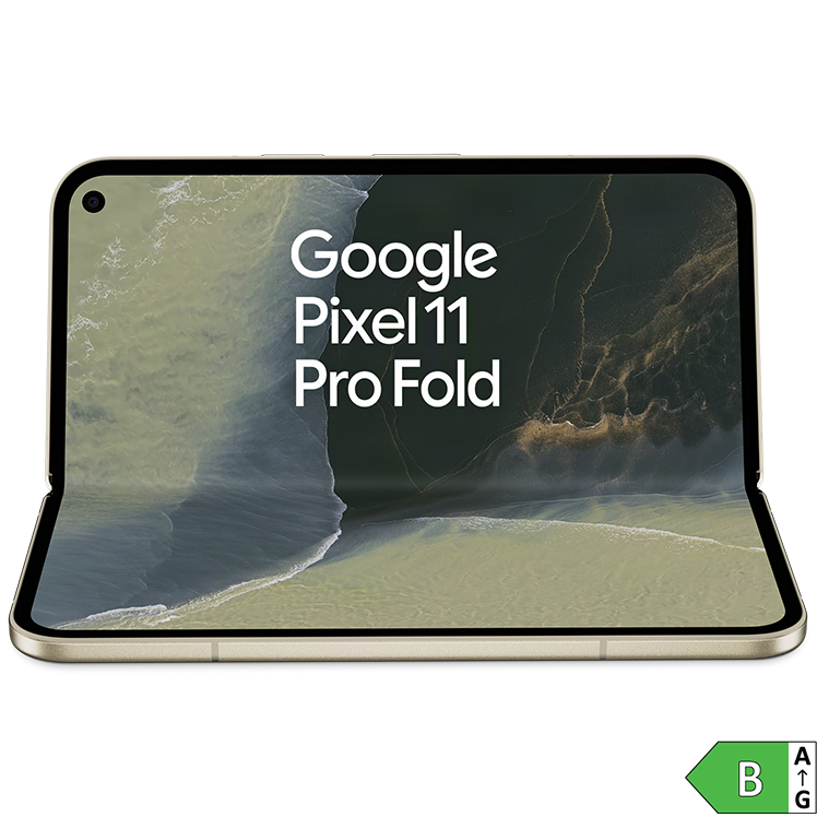 Google Pixel 11 Pro Fold vikbar smartphone i grönt, öppnad med kustlandskap på skärmen, energiklass B.