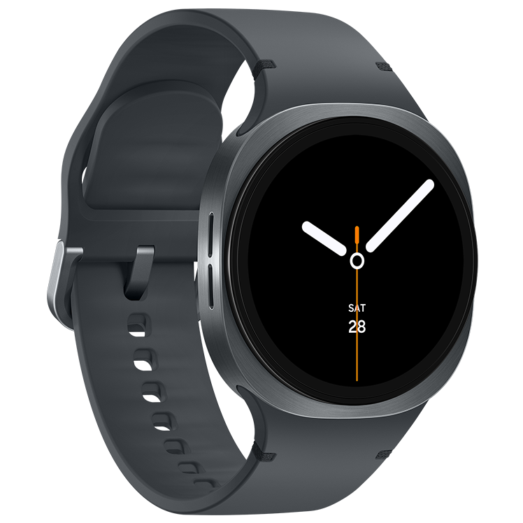 Galaxy Watch8 sett från höger med rund urtavla, visar tid 10:10 och datum, monterad på ett mörkgrått silikonarmband.