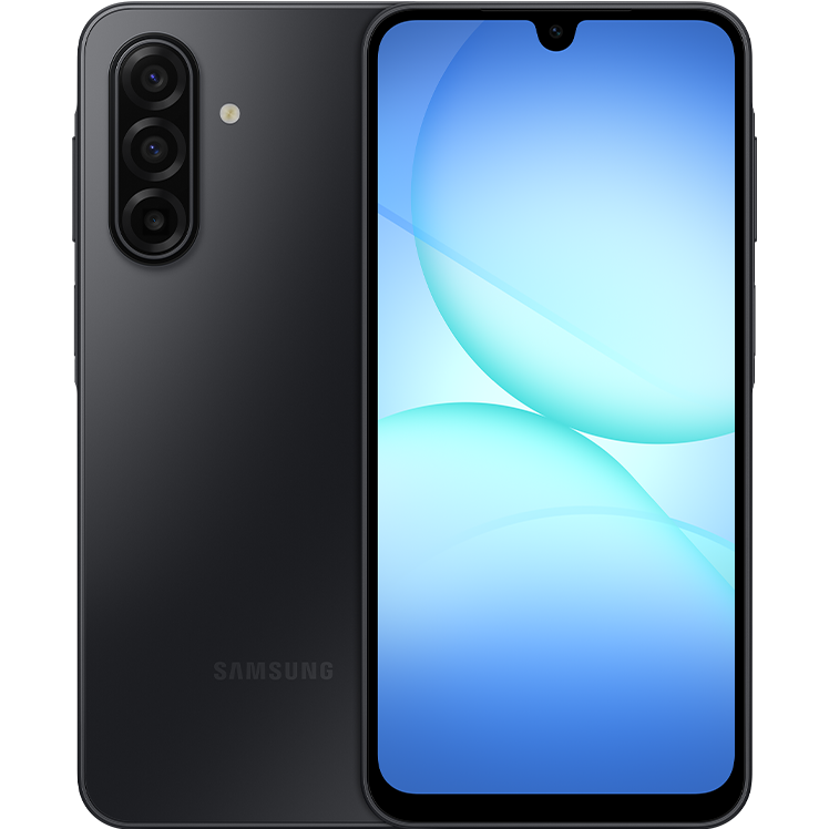Svart Samsung-smartphone med trippelkamera på baksidan och ljusblå mjuk gradient på skärmen.