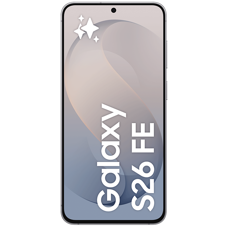 Samsung Galaxy S26 FE smartphone framifrån med grå skärm och texten Galaxy S26 FE visad på displayen.