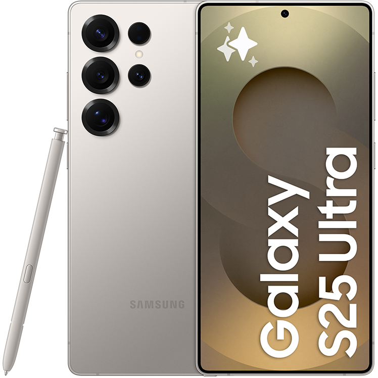 Samsung Galaxy S25 Ultra i grå färg, visad fram- och bakifrån med fyra kameralinser och medföljande pekpenna.