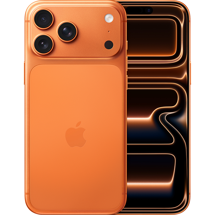 Orange iPhone 17 Pro Max med tre kameror på baksidan, bredvid en framsida av mobilen med abstrakt ljusdesign i guld och svart.