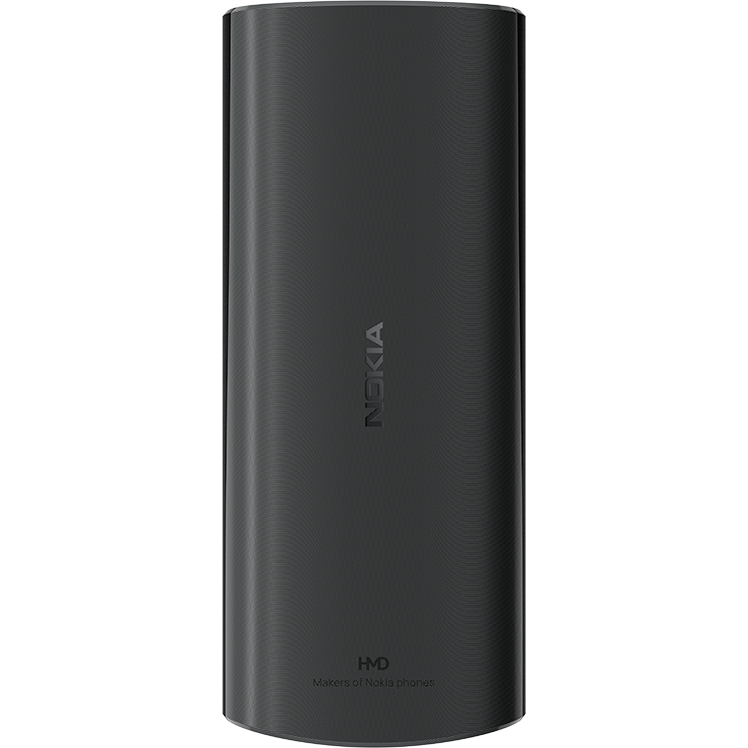 Svart Nokia mobiltelefon sedd bakifrån med slät yta och Nokia-logotypen präglad på mitten, tillverkad av HMD.