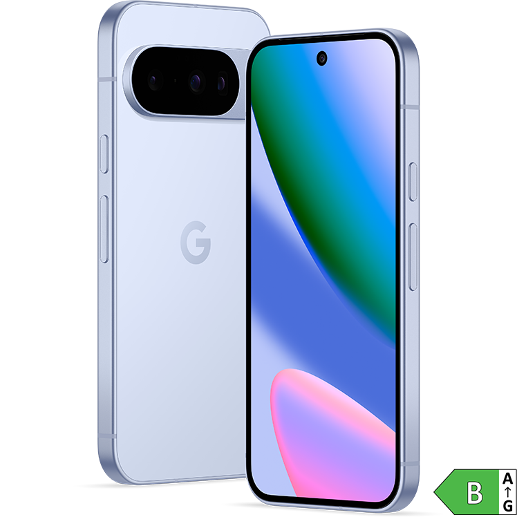 Vit Google Pixel-telefon med färgglad skärm som visar mjuka pastellfärger och en energimärkning B i grönt.