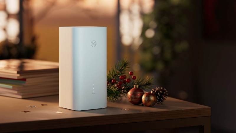 Router till mobilt bredband på ett bord med julpynt bredvid