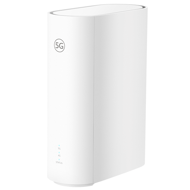 Vit 5G-router med avrundade kanter, 5G-logotyp och statuslampor för 5G, 4G och STATUS på framsidan.