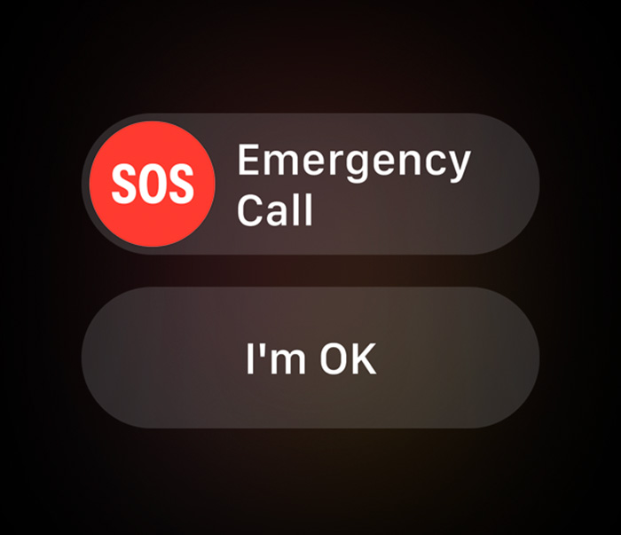 Simulerad bild på hur appen Nödanrop SOS på Apple Watch Series 9 ser ut