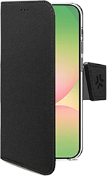 Svart plånboksfodral i konstläder för smartphone, öppet och visar telefonens skärm med grön och rosa bakgrund.