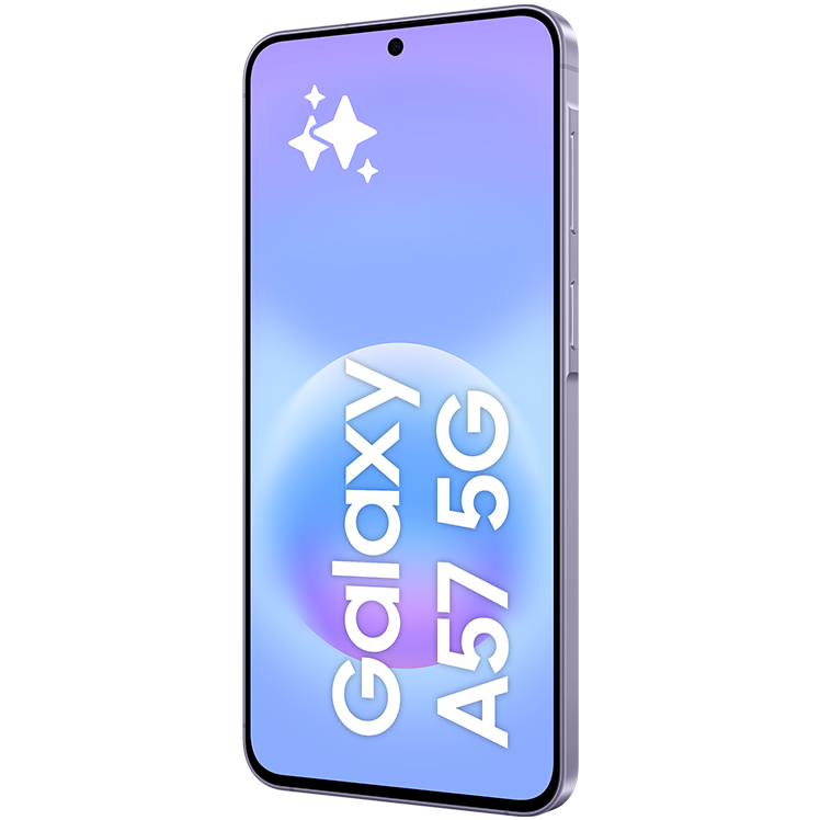 En Samsung Galaxy A57 5G-smartphone visad från sidan med ljusblå skärm som visar produktnamnet och gnistrande stjärnor.