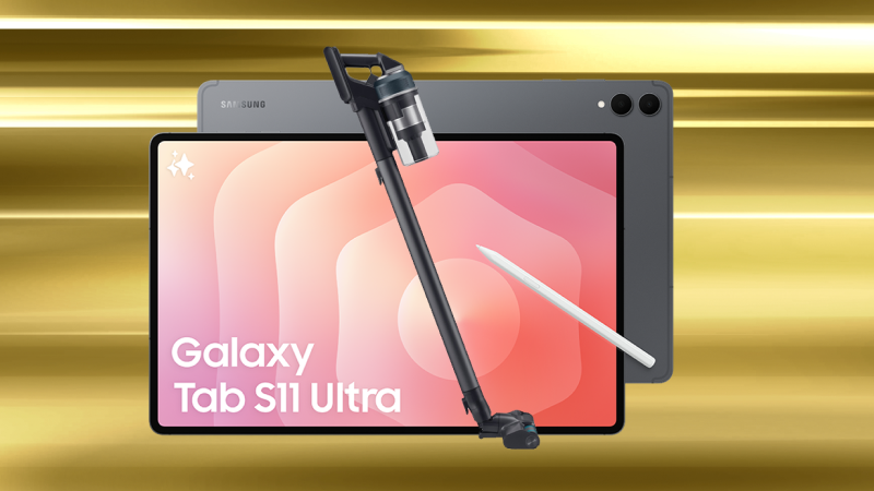 En Samsung Galaxy Tab S11 Ultra surfplatta med penna och stativ mot en gyllene bakgrund.