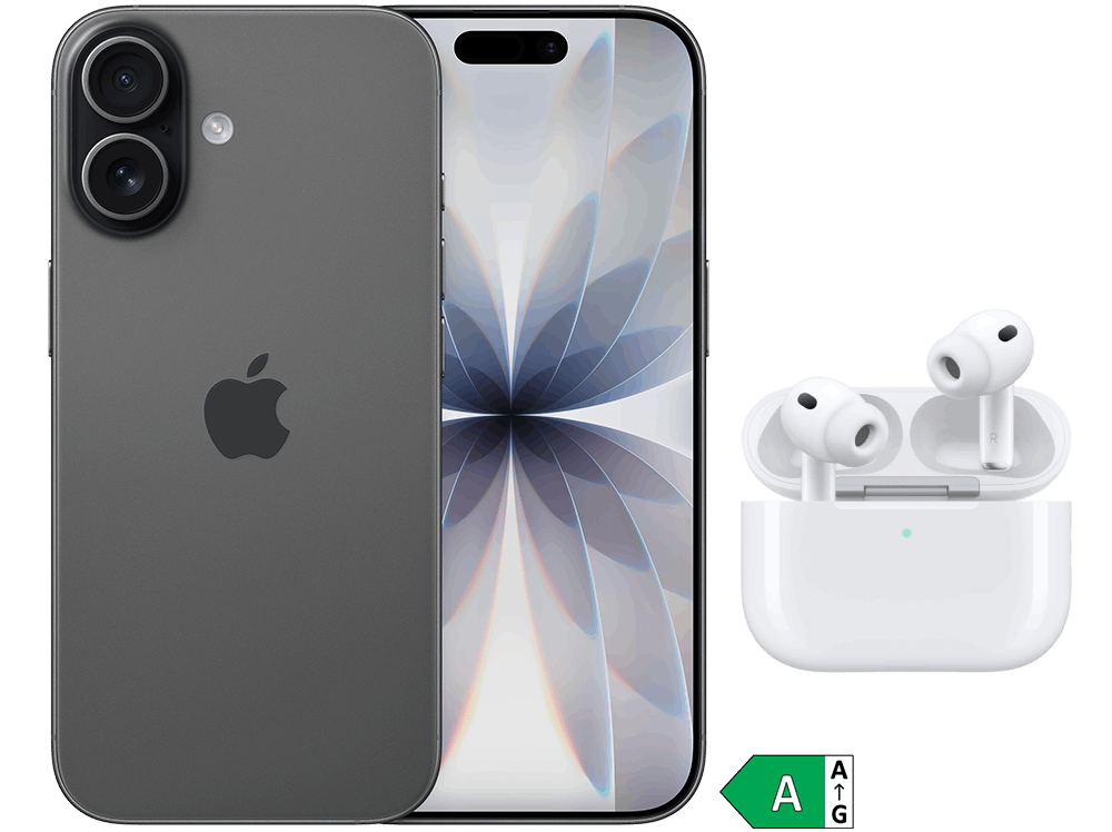 Fram- och baksida av smartphone modell iPhone 17 i svart samt ett par hörlurar modell AirPods Pro 3 i vitt med vitt fodral.