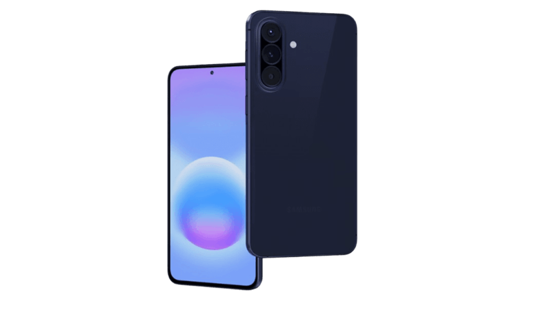 Fram- och baksida av Galaxy A57 i mörkblått. 