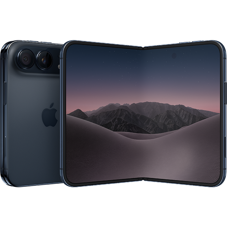En svart vikbar iPhone Duo visas öppen med en ökenlandskap på skärmen, samt baksidan med dubbla kameror och Apple-logotyp.