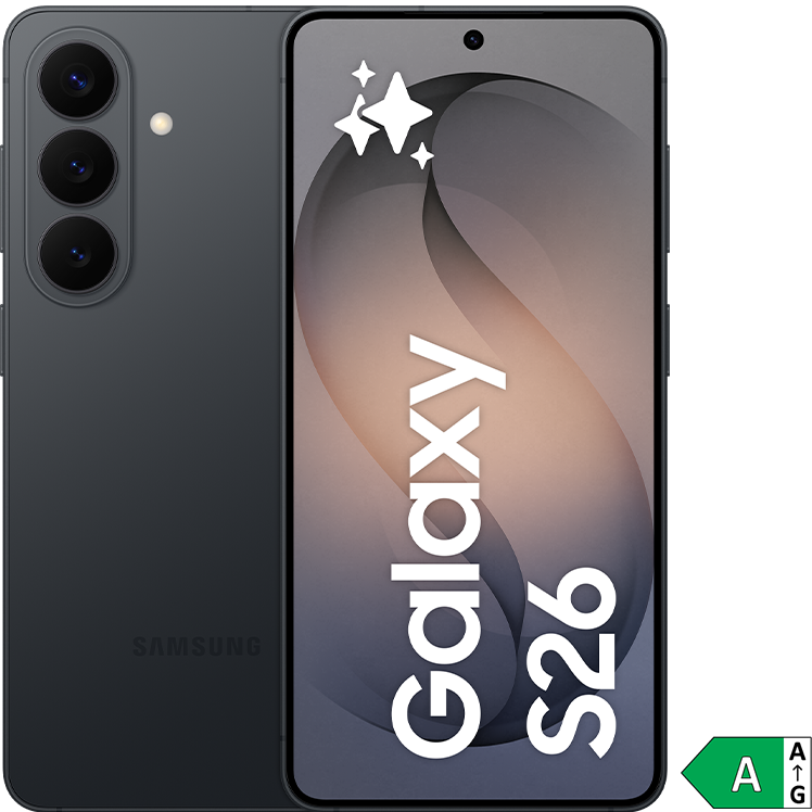 En svart Samsung Galaxy S26 smartphone med trippelkamera, visande en elegant skärm med gradienter och energimärkning A.