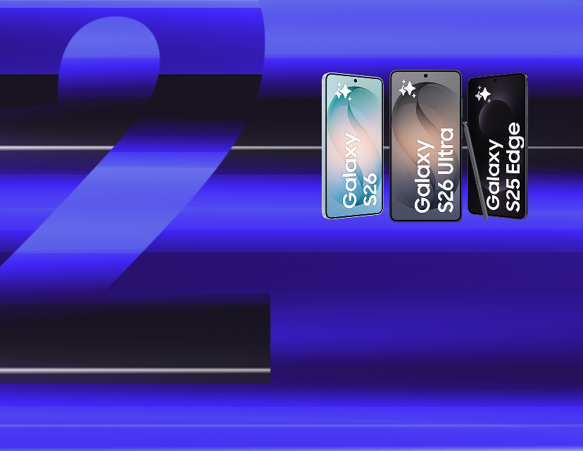 Tre Samsung Galaxy-telefoner (S26, S26 Ultra och S25 Edge) visas mot en blå bakgrund med abstrakta mönster.