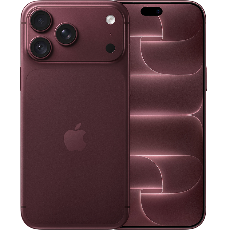 Två iPhone 16 Pro i mörk röd färg, visade från bak- och framsidan med trippelkamera och abstrakt skärmbakgrund.