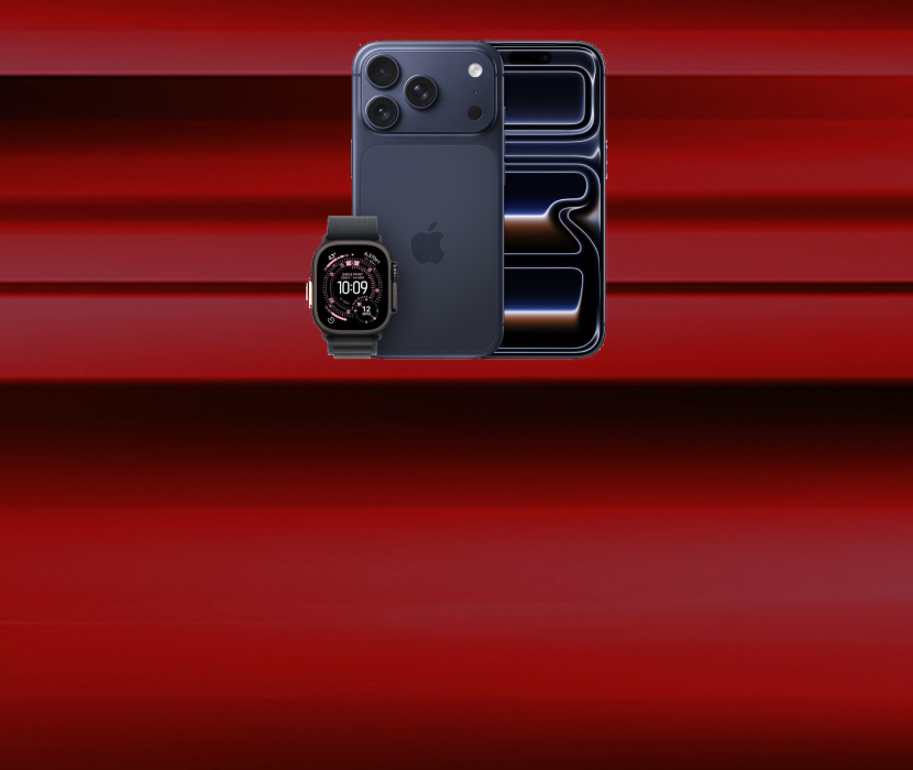 iPhone 17 Pro med Watch Ultra mot en röd bakgrund