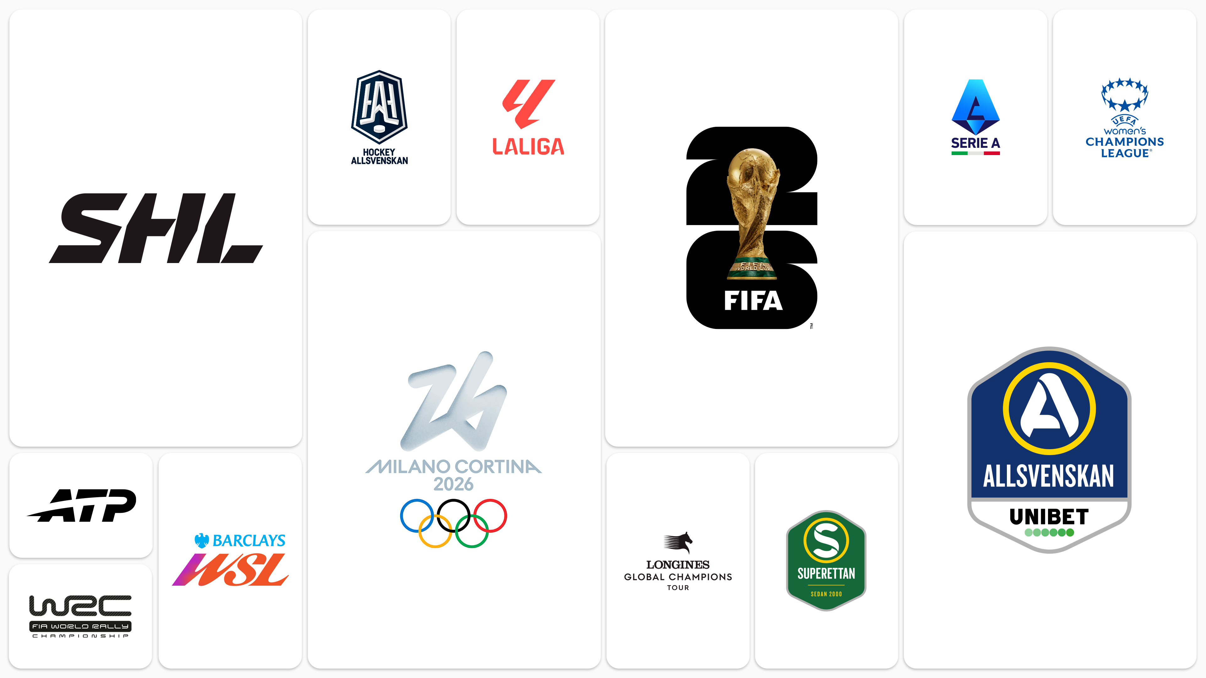 Samling av sportlogotyper inklusive SHL, Hockey Allsvenskan, LaLiga, FIFA, Serie A, UEFA Women's Champions League och Milano Cortina 2026.