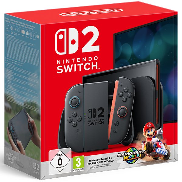 Röd förpackning för Nintendo Switch 2 spelkonsol med svarta Joy-Con-kontroller och Mario Kart World-spel inkluderat.
