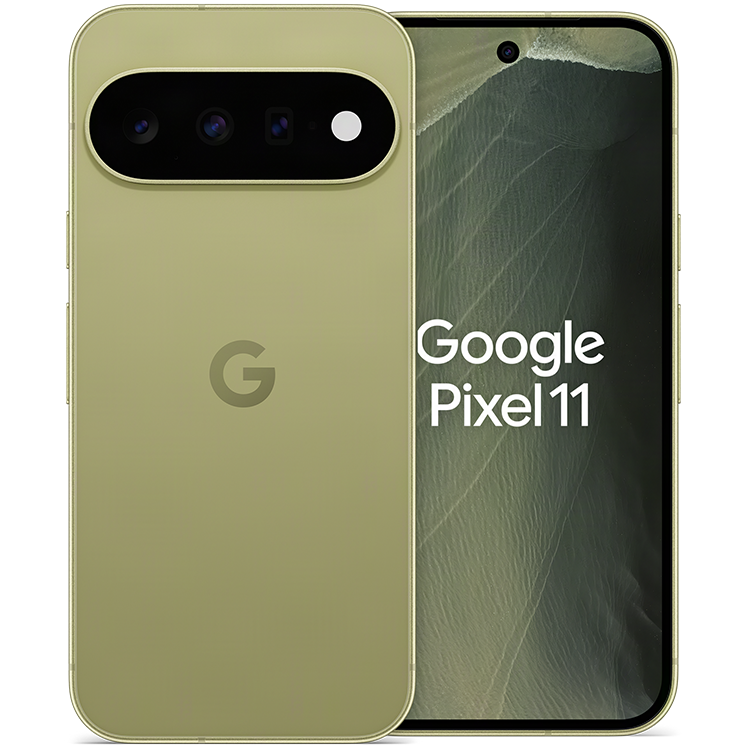 Google Pixel 11 smartphone i grönt, visad från bak- och framsidan med trippelkamera och Google-logotyp.