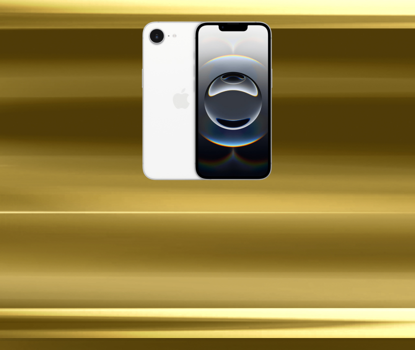 Vit iPhone med abstrakt sfärisk skärmbild visad mot gyllene bakgrund.