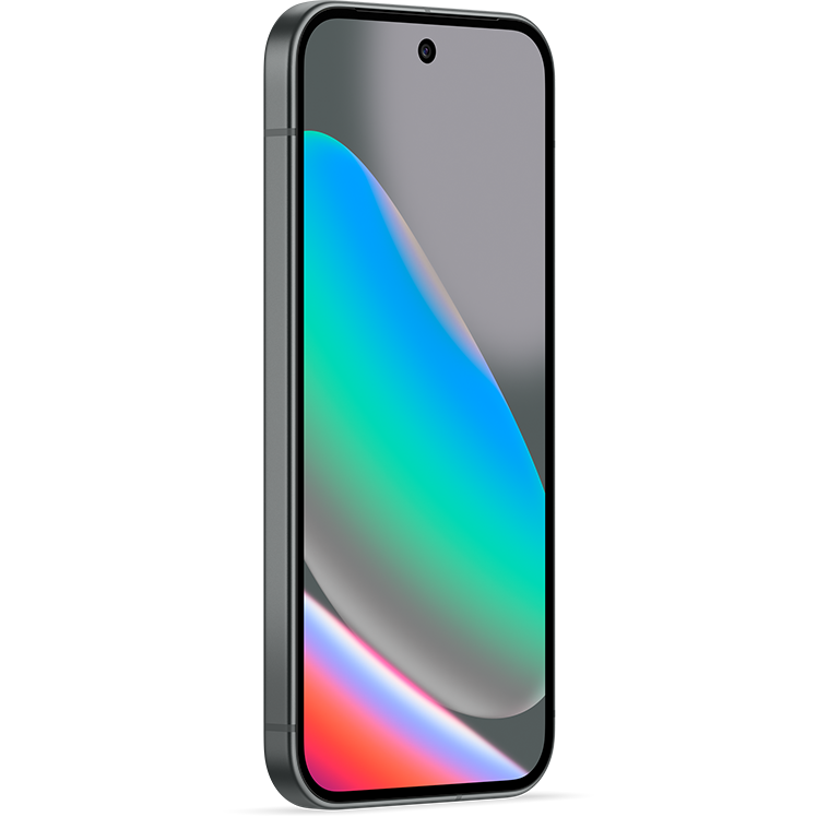 Modern smartphone med svart ram och färgglad skärm som visar blå, grön och röd gradient i ett abstrakt mönster.