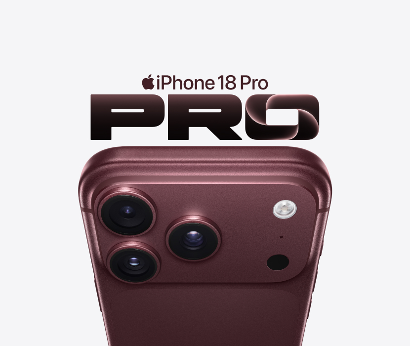 iPhone 18 Pro i vinröd färg sedd bakifrån, med trippelkamerasystem och texten PRO ovanför.