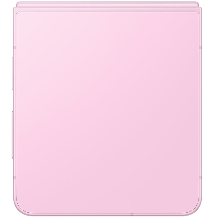 En hopfälld rosa Samsung Galaxy Z Flip-smartphone sedd framifrån, med jämn rosa yta och synliga gångjärn.